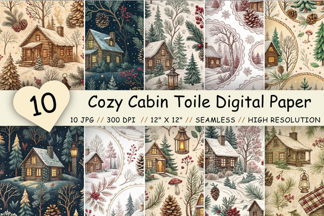 Cozy Cabin Toile Digital Paper, Seamless Watercolor Pattern Bundle, Printable Scrapbook Paper, Burgundy Winter Design Collection Digital Pattern FloridPrintables 
