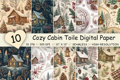 Cozy Cabin Toile Digital Paper, Seamless Watercolor Pattern Bundle, Printable Scrapbook Paper, Burgundy Winter Design Collection Digital Pattern FloridPrintables 