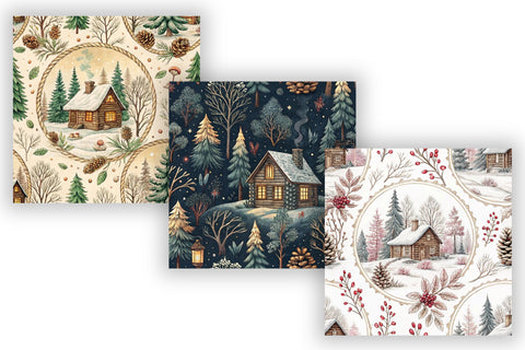 Cozy Cabin Toile Digital Paper, Seamless Watercolor Pattern Bundle, Printable Scrapbook Paper, Burgundy Winter Design Collection Digital Pattern FloridPrintables 