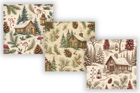 Cozy Cabin Toile Digital Paper, Seamless Watercolor Pattern Bundle, Printable Scrapbook Paper, Burgundy Winter Design Collection Digital Pattern FloridPrintables 