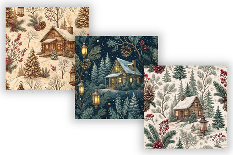 Cozy Cabin Toile Digital Paper, Seamless Watercolor Pattern Bundle, Printable Scrapbook Paper, Burgundy Winter Design Collection Digital Pattern FloridPrintables 