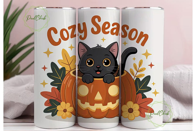Cozy Cat Pumpkin 20oz Tumbler Wrap Sublimation PixelChick 