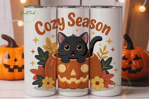 Cozy Cat Pumpkin 20oz Tumbler Wrap Sublimation PixelChick 