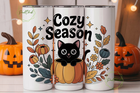 Cozy Cat Pumpkin 20oz Tumbler Wrap Sublimation PixelChick 