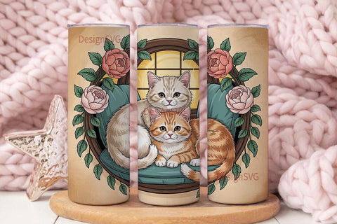 Cozy Cats and Roses 20oz Tumbler Wrap Sublimation DesignSVG 