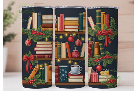 Cozy Christmas Bookshelf 20oz Tumbler Sublimation PixelChick 