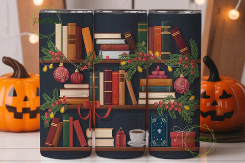Cozy Christmas Bookshelf 20oz Tumbler Sublimation PixelChick 