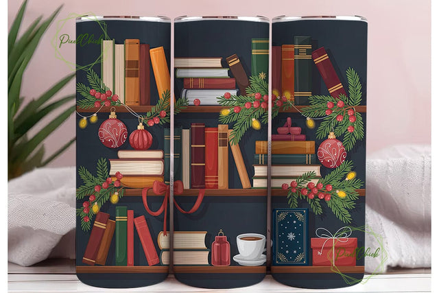 Cozy Christmas Bookshelf 20oz Tumbler Sublimation PixelChick 