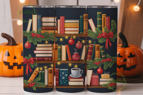 Cozy Christmas Bookshelf 20oz Tumbler Sublimation PixelChick 