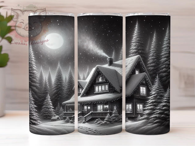 Cozy Christmas Cabin Holiday Tumbler, Charcoal Drawing Sublimation Design, Festive Cabin Art, 20oz Holiday Tumbler, Whimsical Cabin Mug, Stylish Christmas Cup, Elegant Cabin Wrap Sublimation Lara' s Designs 