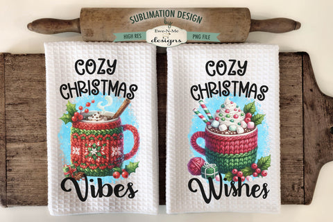 Cozy Christmas Crochet Mugs Kitchen Towel Sublimation PNG Sublimation Ewe-N-Me Designs 