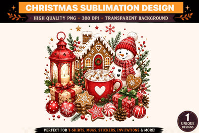 Cozy Christmas Gingerbread House PNG | Christmas Sublimation Design | Snowman & Hot Cocoa PNG | Christmas T-Shirt Design | 300 DPI Sublimation BlackCatsMedia 