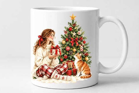Cozy Christmas Girl and Cat PNG SVG BillahCrafts 