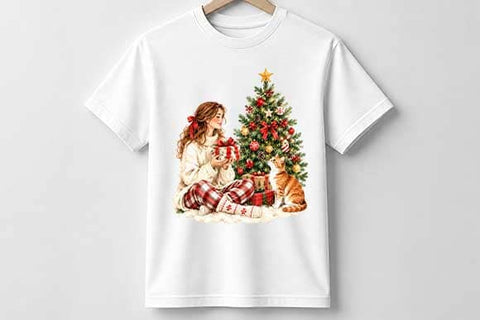 Cozy Christmas Girl and Cat PNG SVG BillahCrafts 