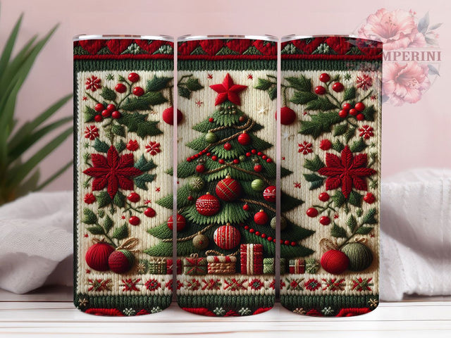 Cozy Embroidered Christmas Tumbler, Holiday Stitch Wrap, 20Oz Skinny Tumbler, Festive Embroidery Sublimation, Rustic Handmade Christmas Tumbler, Cozy Stitched Holiday Wrap, Embroidered Christmas Tree Design Sublimation Li Zamperini 