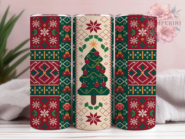 Cozy Embroidered Christmas Tumbler, Holiday Stitch Wrap, 20Oz Skinny Tumbler, Festive Embroidery Sublimation, Rustic Handmade Christmas Tumbler, Cozy Stitched Holiday Wrap, Embroidered Christmas Tree Design Sublimation Li Zamperini 
