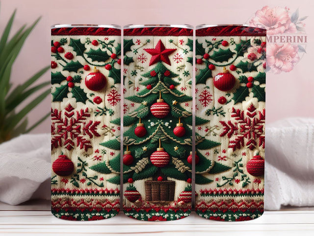 Cozy Embroidered Christmas Tumbler, Holiday Stitch Wrap, 20Oz Skinny Tumbler, Festive Embroidery Sublimation, Rustic Handmade Christmas Tumbler, Cozy Stitched Holiday Wrap, Embroidered Christmas Tree Design Sublimation Li Zamperini 