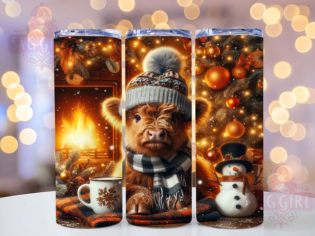 Cozy Fireplace Baby Highland Cow Tumbler, Cozy Fireplace Wrap, Cute Christmas Sublimation, Festive Cow Cup, 20Oz Skinny Tumbler Wrap, Holiday Fireplace Mug, Winter Cow Design Sublimation SvggirlplusArt 