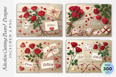 Cozy Flat-Lay of Red Roses Hearts and Love Letters on Wood with Cutting Board Sublimation Regulrcrative 