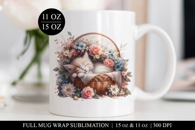 Cozy Floral Cat Mug Design Sublimation Mug Wrap for 11/15oz Sublimation BijouBay 