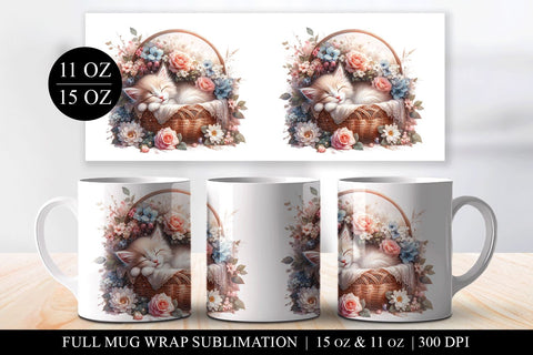 Cozy Floral Cat Mug Design Sublimation Mug Wrap for 11/15oz Sublimation BijouBay 