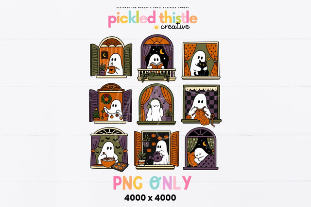 Cozy Ghost Window PNG, Cute Halloween Sublimation Design SVG Pickled Thistle Creative 