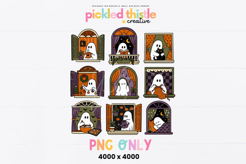 Cozy Ghost Window PNG, Cute Halloween Sublimation Design SVG Pickled Thistle Creative 