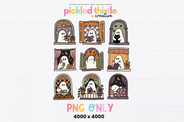 Cozy Halloween Ghost PNG, Cute Spooky Window Collage SVG Pickled Thistle Creative 