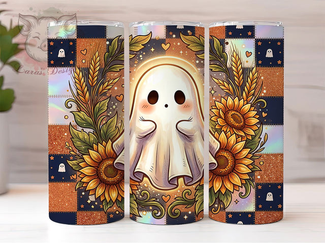 Cozy Halloween Ghost Sunflowers 20oz Tumbler, Ghost Motif, Sunflower Design, Cozy Vibes, Halloween Theme, Cute Spooky, 20oz Wrap, Sublimation Tumbler Sublimation Lara' s Designs 