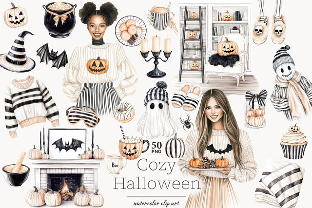 Cozy Halloween PNG Neutral Clipart | Beige Black Witch Girl SVG GlamArtZhanna 