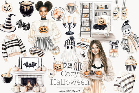 Cozy Halloween PNG Neutral Clipart | Beige Black Witch Girl SVG GlamArtZhanna 