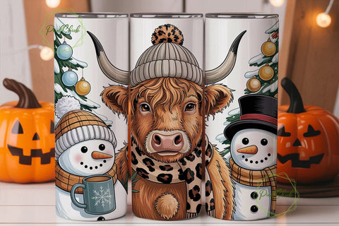 Cozy Highland Cow Snowman 20oz Tumbler Sublimation PixelChick 