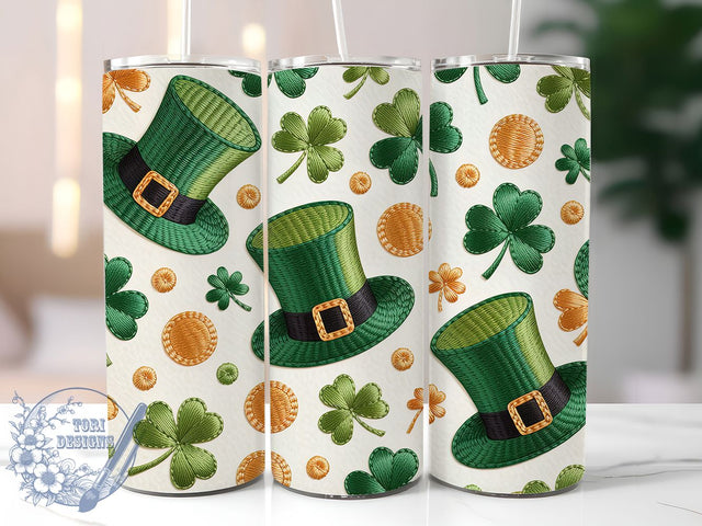 Cozy Knitted Leprechaun Tumbler, Faux Yarn Texture, Knitted Leprechaun Hats, Seamless Pattern, Festive Irish Style, Lucky Clover Design, Cozy Rustic Charm, 20Oz Tumbler, Sublimation Wrap Sublimation ToriDesigns 