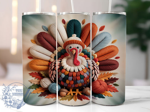 Cozy Knitted Thanksgiving Turkey Tumbler, Chunky Yarn Wrap, 20oz Tumbler Sublimation, Fall Harvest Design, Cozy Autumn Sublimation, Thanksgiving Turkey Tumbler, Rustic Knit Wrap Sublimation ToriDesigns 