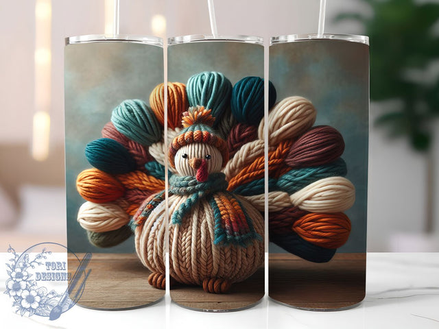 Cozy Knitted Thanksgiving Turkey Tumbler, Chunky Yarn Wrap, 20oz Tumbler Sublimation, Fall Harvest Design, Cozy Autumn Sublimation, Thanksgiving Turkey Tumbler, Rustic Knit Wrap Sublimation ToriDesigns 