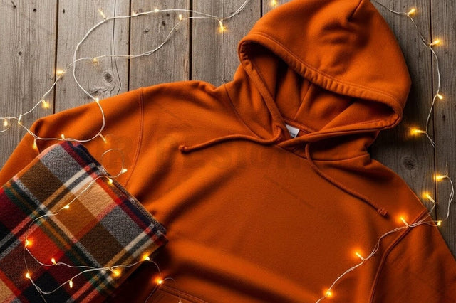 Cozy orange hoodie with plaid scarf and fairy lights Mock Up Photo Designangry 