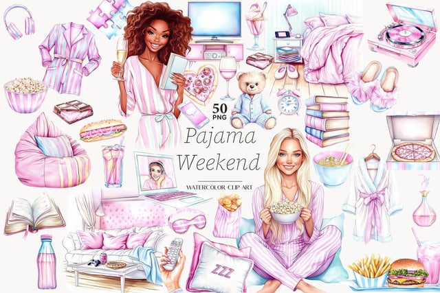 Cozy Pajama Party Clipart Set | Sleepover Girls Illustration SVG GlamArtZhanna 