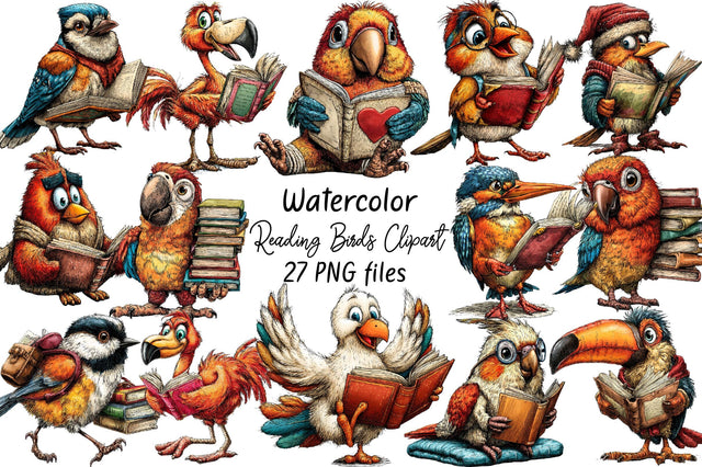 Cozy Reading Birds Clipart Bundle. Sublimation SVGArt 