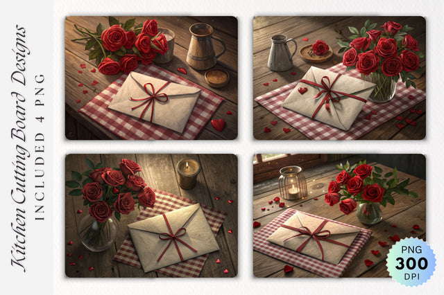 Cozy Rustic Valentine's Composition with Sealed Envelope and Roses on Cutting Board Sublimation Regulrcrative 