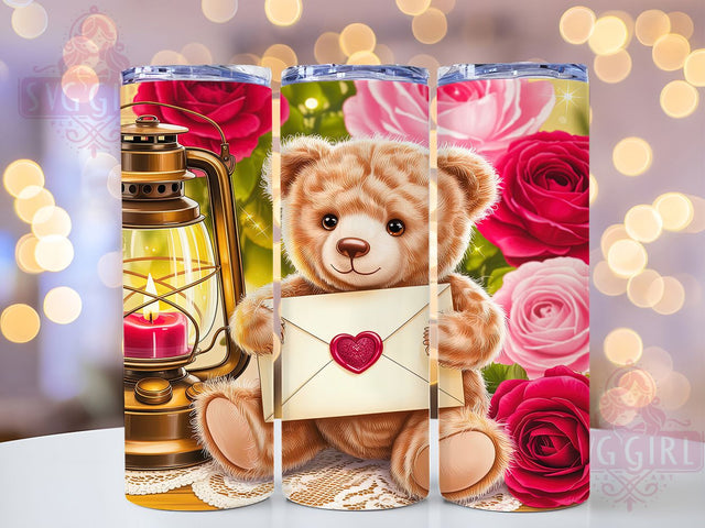 Cozy Teddy Bear Valentine Tumbler, Love Letter Pattern, Romantic Rose Candle Design, 20Oz Sublimation Wrap, Cute Bear Art, Cozy Valentine Texture, Tumbler Sublimation Sublimation SvggirlplusArt 