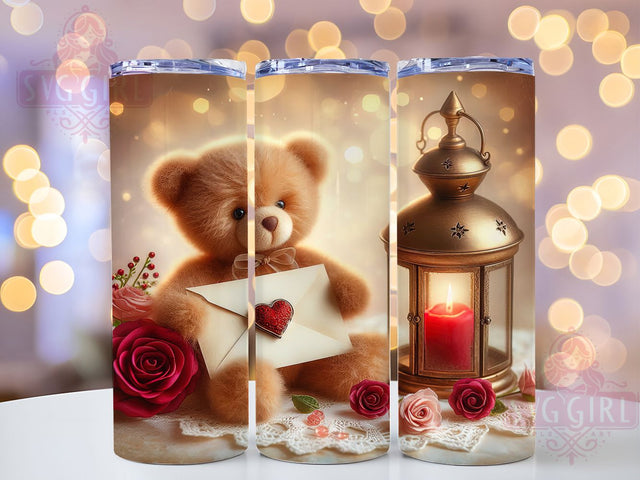 Cozy Teddy Bear Valentine Tumbler, Love Letter Pattern, Romantic Rose Candle Design, 20Oz Sublimation Wrap, Cute Bear Art, Cozy Valentine Texture, Tumbler Sublimation Sublimation SvggirlplusArt 