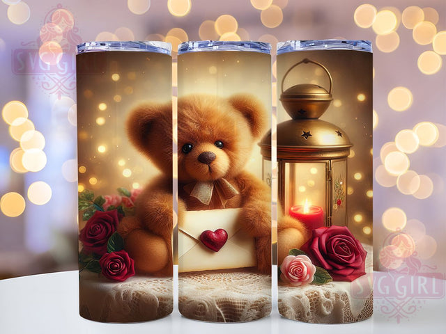 Cozy Teddy Bear Valentine Tumbler, Love Letter Pattern, Romantic Rose Candle Design, 20Oz Sublimation Wrap, Cute Bear Art, Cozy Valentine Texture, Tumbler Sublimation Sublimation SvggirlplusArt 