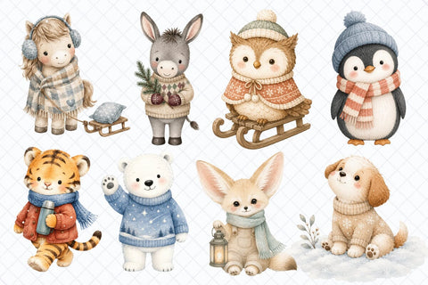Cozy Winter Animals Watercolor Clipart Sublimation TanyaPrintDesign 