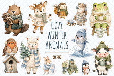 Cozy Winter Animals Watercolor Clipart Sublimation TanyaPrintDesign 