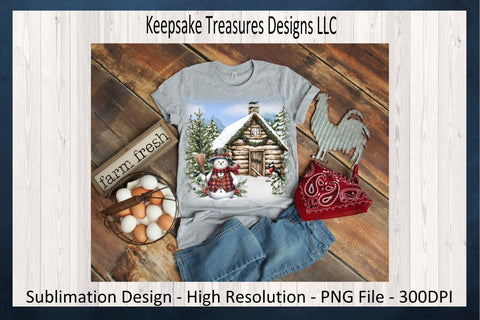 Cozy Winter Cabin Scene with Cheerful Snowman and Festive Details, Sublimation Design Sublimation Keepsake Treasures Designs LLC. 
