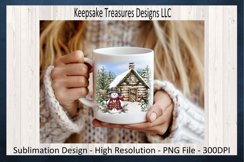 Cozy Winter Cabin Scene with Cheerful Snowman and Festive Details, Sublimation Design Sublimation Keepsake Treasures Designs LLC. 