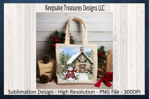 Cozy Winter Cabin Scene with Cheerful Snowman and Festive Details, Sublimation Design Sublimation Keepsake Treasures Designs LLC. 
