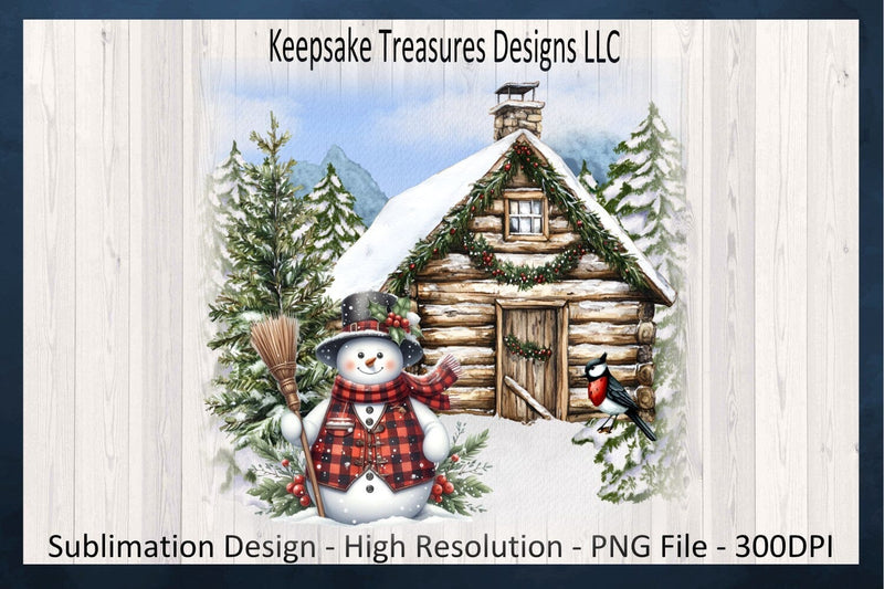 Cozy Winter Cabin Scene with Cheerful Snowman and Festive Details, Sublimation Design Sublimation Keepsake Treasures Designs LLC. 
