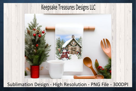 Cozy Winter Cabin Scene with Cheerful Snowman and Festive Details, Sublimation Design Sublimation Keepsake Treasures Designs LLC. 