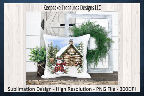 Cozy Winter Cabin Scene with Cheerful Snowman and Festive Details, Sublimation Design Sublimation Keepsake Treasures Designs LLC. 